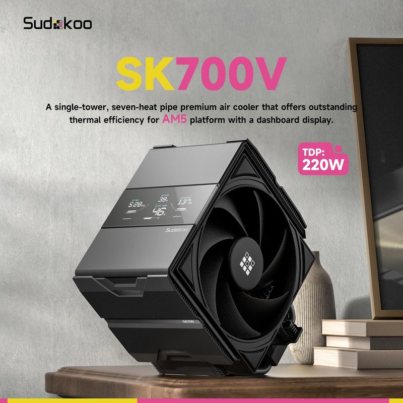 Sudokoo مبرد وحدة المعالجة المركزية SK700V AM5، حصري لـ AM5، شاشة رقمية، 7 أنابيب حرارية، مبرد هواء وحدة المعالجة المركزية، برج واحد، مروحة 120 مم FDB PWM، حرية كاملة في الذاكرة، قفل تركيب L-Rail، ضمان 5 سنوات، أسود - Image 2